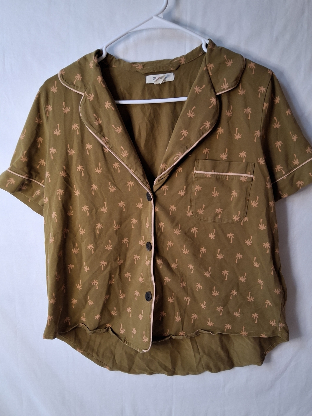 Madewell Olive Green & Pink Palm-Print Short-Sleeve Pajama Top